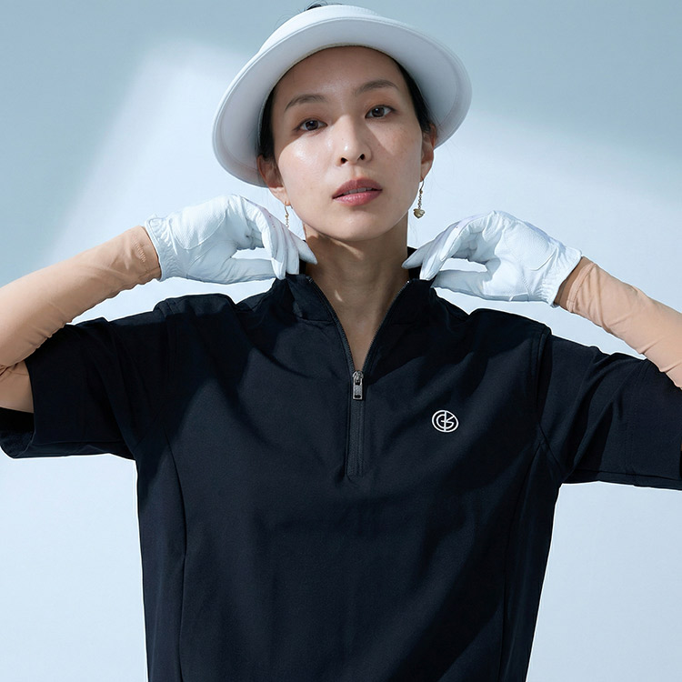 【新作/送料無料】ゴルフウェア レディース ウィンドブレーカー 5分袖 ハーフジップ ハイネック 【S〜3Lサイズ展開】 アウター プルオーバー 防風 伸縮 ナイロン ストレッチ 裾リブ 体系カバー スタイルアップ レイヤード キスオンザグリーン 大きいサイズ 小さいサイズ