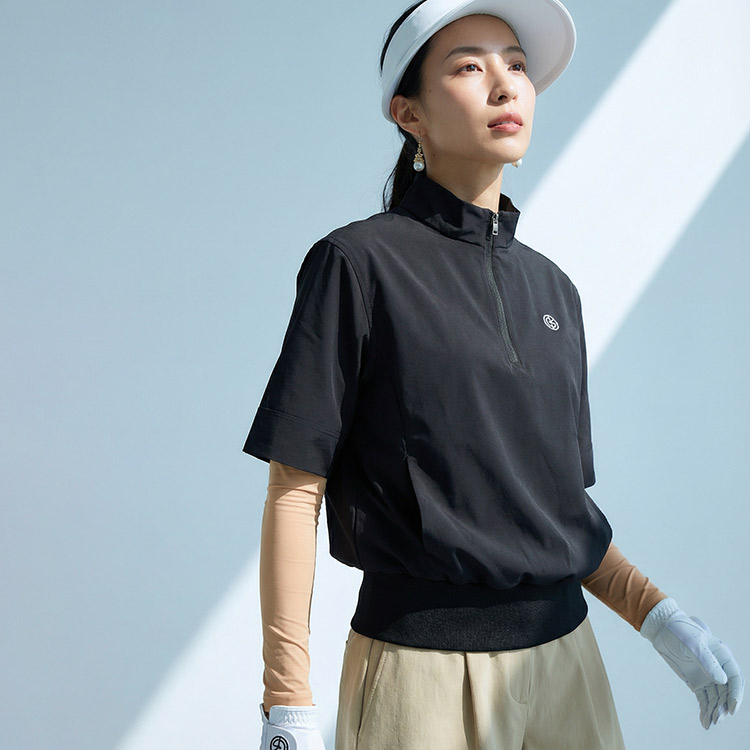 【新作/送料無料】ゴルフウェア レディース ウィンドブレーカー 5分袖 ハーフジップ ハイネック 【S〜3Lサイズ展開】 アウター プルオーバー 防風 伸縮 ナイロン ストレッチ 裾リブ 体系カバー スタイルアップ レイヤード キスオンザグリーン 大きいサイズ 小さいサイズ