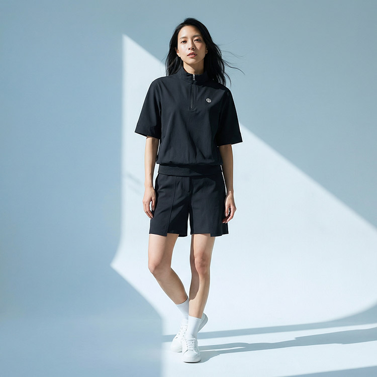 【新作/送料無料】ゴルフウェア レディース ウィンドブレーカー 5分袖 ハーフジップ ハイネック 【S〜3Lサイズ展開】 アウター プルオーバー 防風 伸縮 ナイロン ストレッチ 裾リブ 体系カバー スタイルアップ レイヤード キスオンザグリーン 大きいサイズ 小さいサイズ