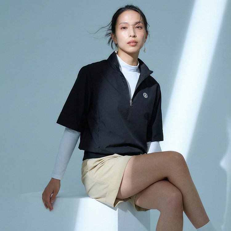 【新作/送料無料】ゴルフウェア レディース ウィンドブレーカー 5分袖 ハーフジップ ハイネック 【S〜3Lサイズ展開】 アウター プルオーバー 防風 伸縮 ナイロン ストレッチ 裾リブ 体系カバー スタイルアップ レイヤード キスオンザグリーン 大きいサイズ 小さいサイズ