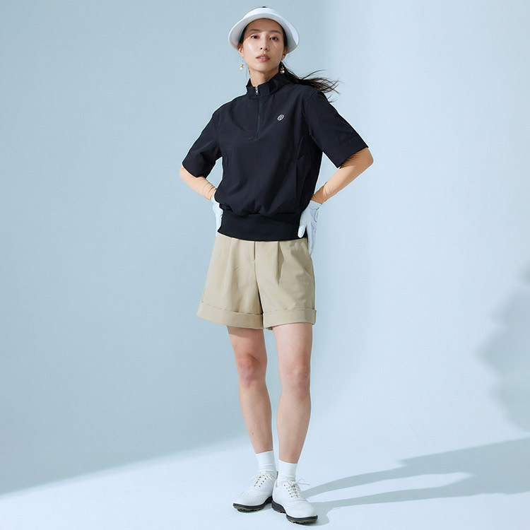 【新作/送料無料】ゴルフ【新作/送料無料】ゴルフウェア レディース ウィンドブレーカー 5分袖 ハーフジップ ハイネック 【S〜3Lサイズ展開】 アウター プルオーバー 防風 伸縮 ナイロン ストレッチ 裾リブ 体系カバー スタイルアップ レイヤード キスオンザグリーン 大きいサイズ 小さいサイズ