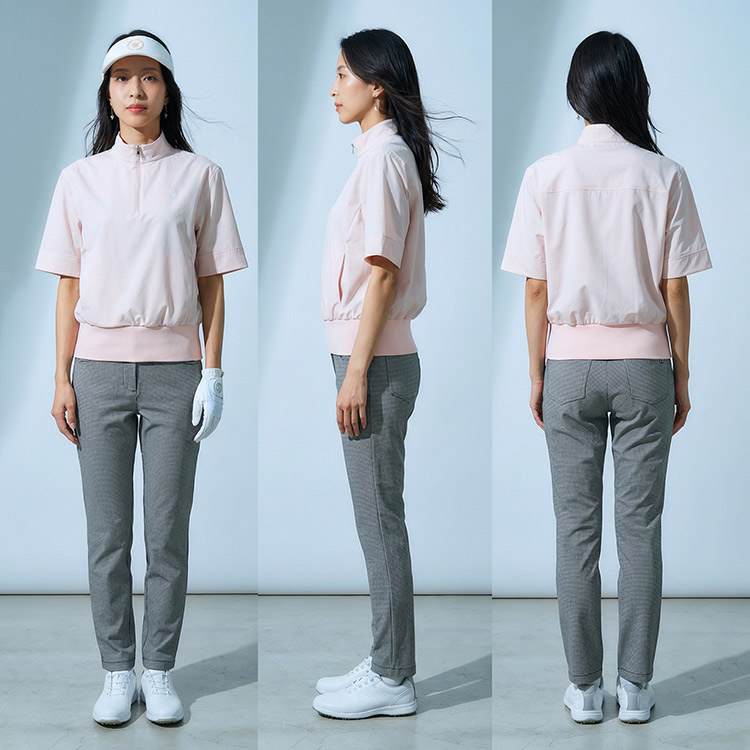 【新作/送料無料】ゴルフウェア レディース ウィンドブレーカー 5分袖 ハーフジップ ハイネック 【S〜3Lサイズ展開】 アウター プルオーバー 防風 伸縮 ナイロン ストレッチ 裾リブ 体系カバー スタイルアップ レイヤード キスオンザグリーン 大きいサイズ 小さいサイズ