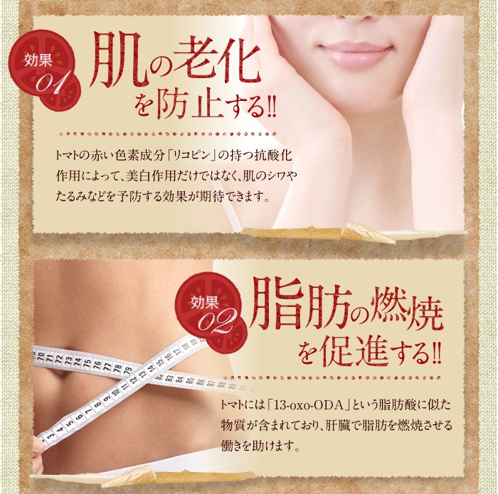 実はいっぱいあるトマトの効果。効果01　肌の老化を防止する!!トマトの赤い色素成分「リコピン」の持つ抗酸化作用によって、美白作用だけではなく、肌のシワやたるみなどを予防する効果が期待できます。効果02　脂肪の燃焼を促進する!!トマトには「13-oxo-ODA」という脂肪酸に似た物質が含まれており、肝臓で脂肪を燃焼させる働きを助けます。