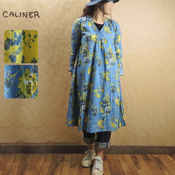 CALINER カリネ コットンドビー 花柄プリント 長袖 ワンピース 3141102