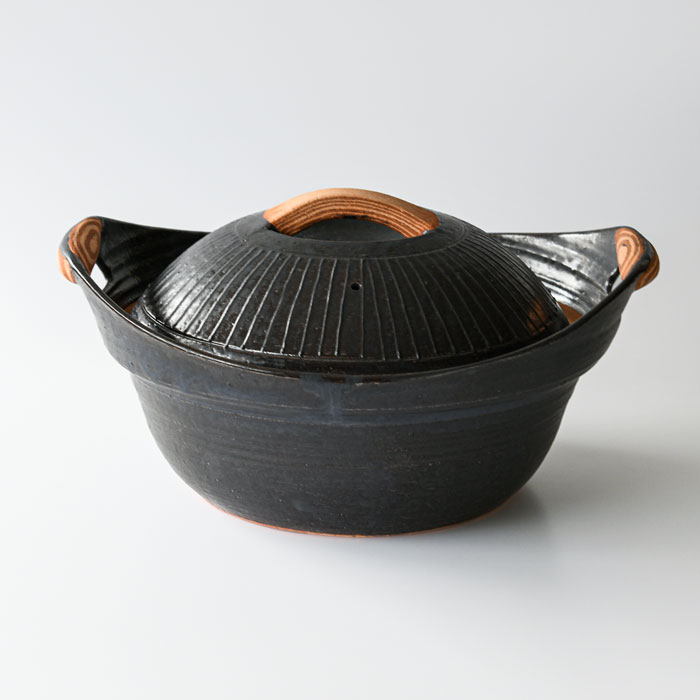 土鍋 独歩炎 木目 ハンドル キャセロール 大 黒釉 3.3L 4-5人 直火