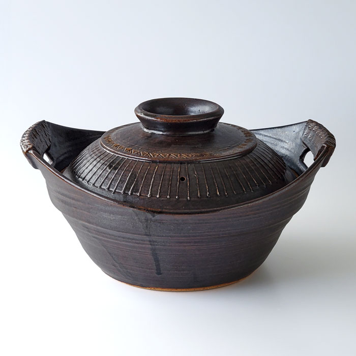 花文 土鍋 独歩炎 黒釉印花文土鍋 大 3.3L 4-5人 直火 ギフト お祝い