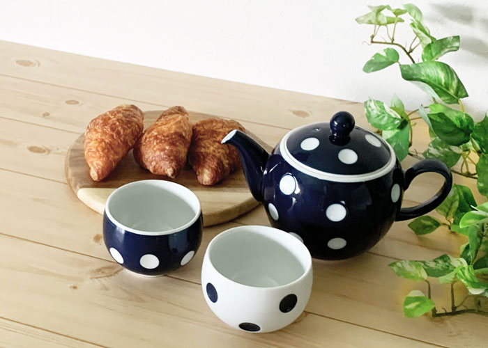 茶器セット おしゃれ negaposi 水玉ティーポット(ネイビー)＆カップ2個