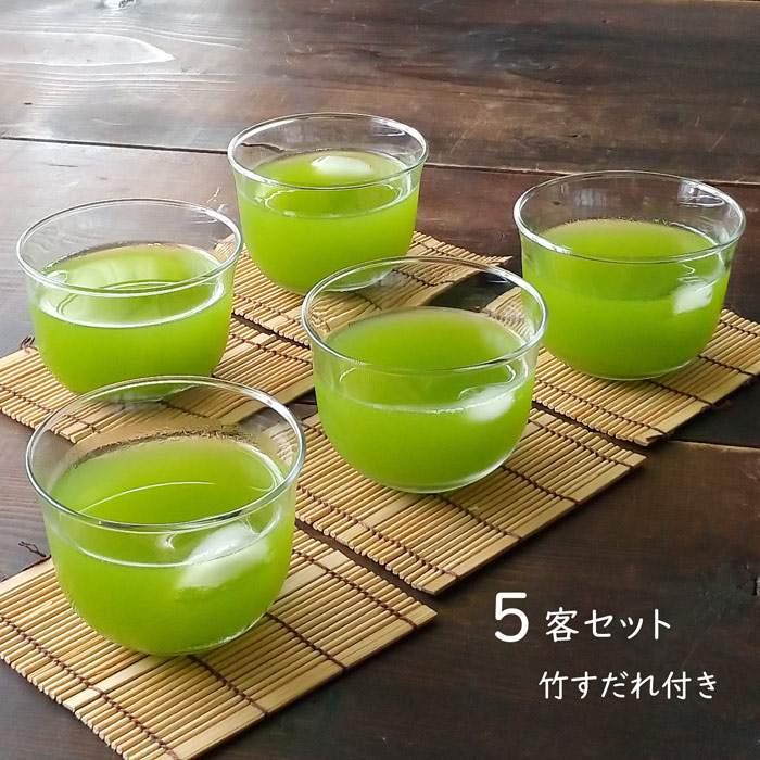 冷茶グラス おしゃれ スーフル冷茶 5個 セット 竹すだれ付 湯のみ コースター 湯呑み デザートカップ デザートグラス｜kitchengoods-bell