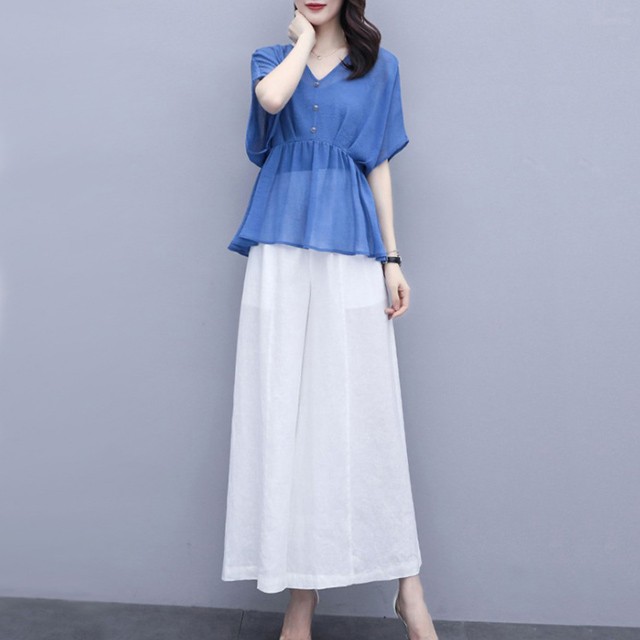 レディースファッション クリスマスローズ 夏 ワイドパンツ パンツセット レディース 30代 40代 Vネック ブルー ブラウス 2点セット ガウチョパンツ 白 ホワイト セットアップ 上下セット Tbph7fyeql Boulevardrestaurants Com