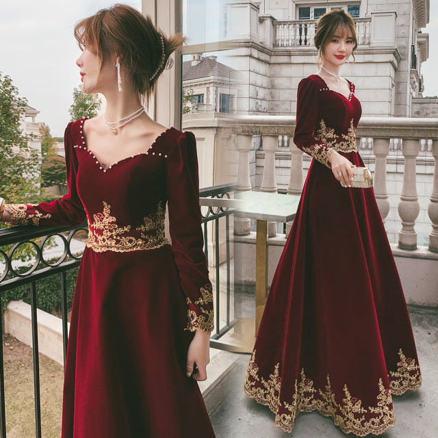 ベロア ベルベット ゲストドレス 結婚式ドレス ワイン赤 冬 長袖