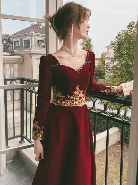ベロア ベルベット ゲストドレス 結婚式ドレス ワイン赤 冬 長袖