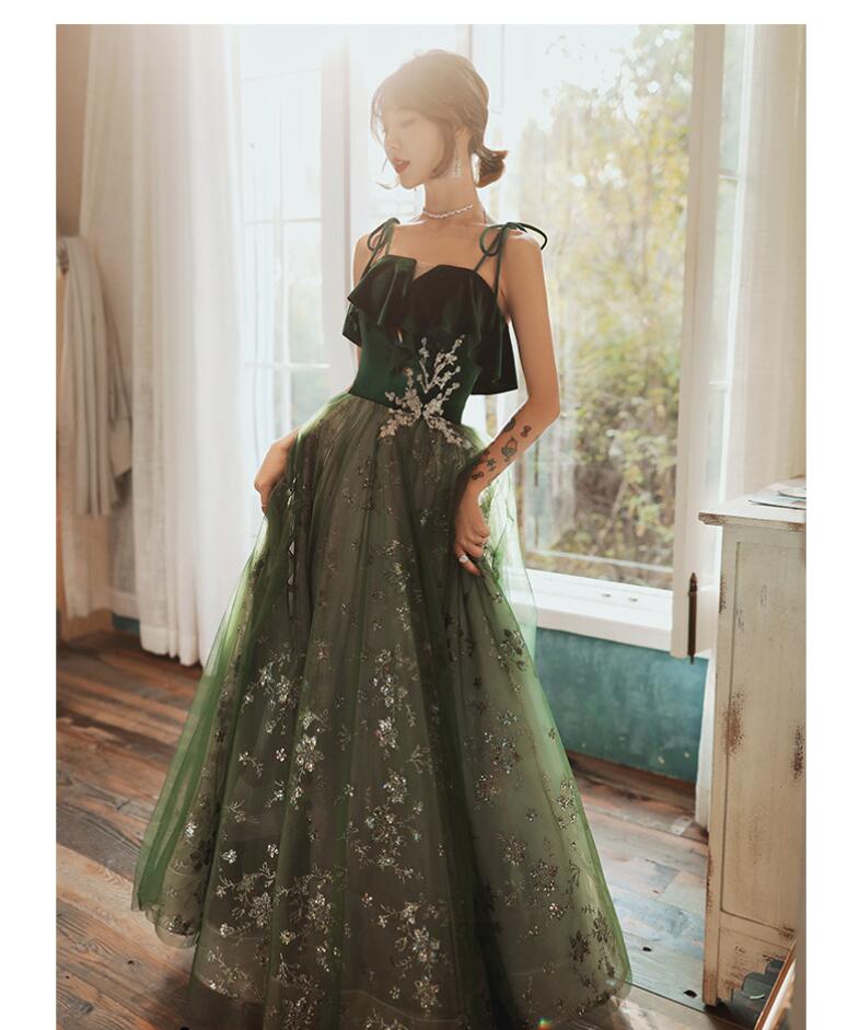 イブニングドレス 緑 黒 ベロア ベルベット キャミドレス 結婚式ドレス