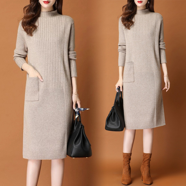 激安 ニットワンピース レディース 大きいサイズ ロング丈 ニットワンピース ハイネック 30代 40代 秋冬 長袖ワンピース 無地 ポケット付き 可愛い 黒 白 カーキ Lh Kittyshop 通販 Yahoo ショッピング