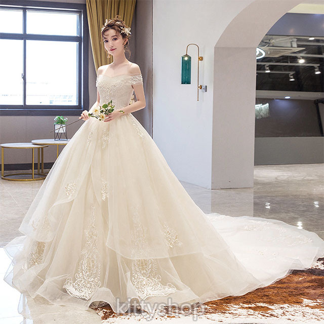 ウェディングドレス オフショルダー 結婚式ドレス ホワイト シャンパン色 Vネック ブライダルドレス Aライン キレイめ ロングドレス 二次会 披露宴  演奏会