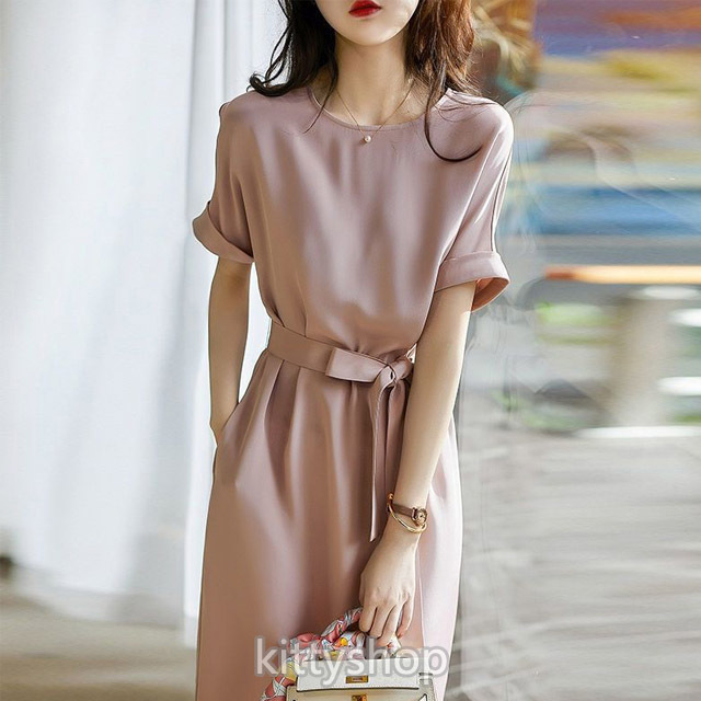 ワンピース レディース 30代 きれいめ 膝丈ワンピース 韓国風 大人 結婚式ドレス 半袖ワンピース 無地 ベルト付き リボン オシャレ ピンク ワンピース 20代