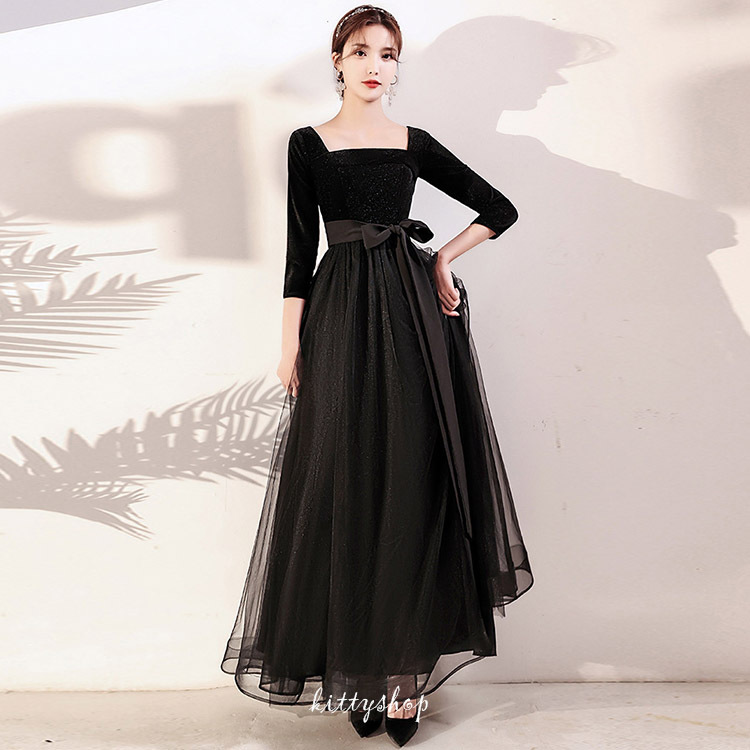 イブニングドレス 黒 ベロア ベルベット ロングドレス ブラック 紗
