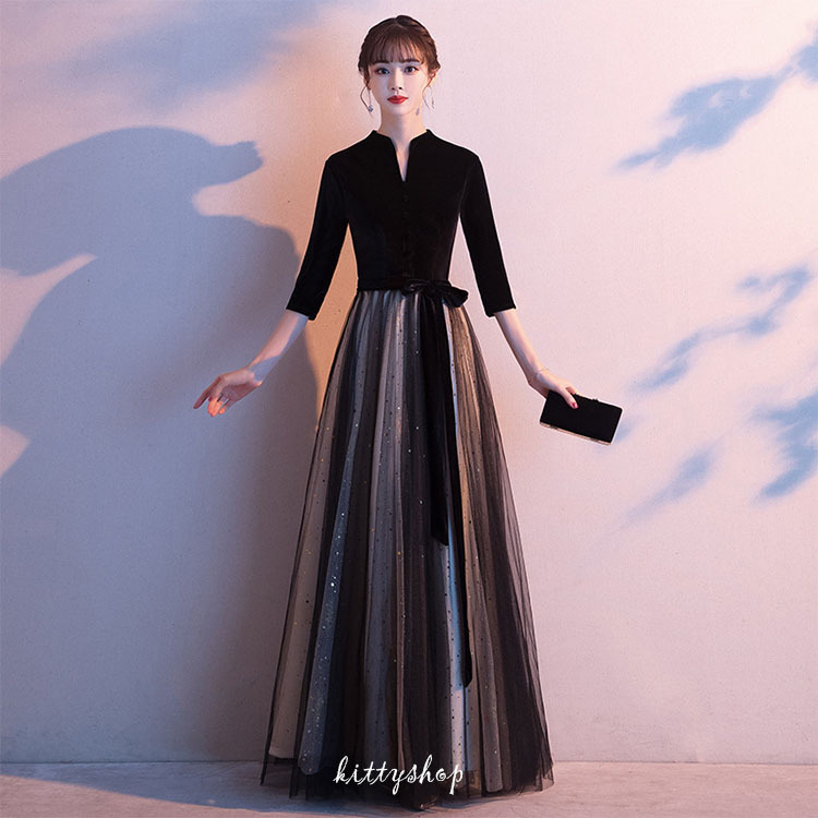 イブニングドレス ロングドレス 黒 ベロア ベルベット チュール 発表