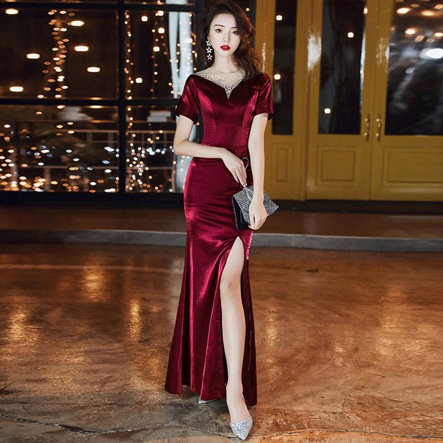 ワイン赤 イブニングドレス スリット セクシー 半袖 ベロア ベルベット ロングドレス 30代 40代 マーメイドドレス 二次会 お呼ばれ  パーティードレス