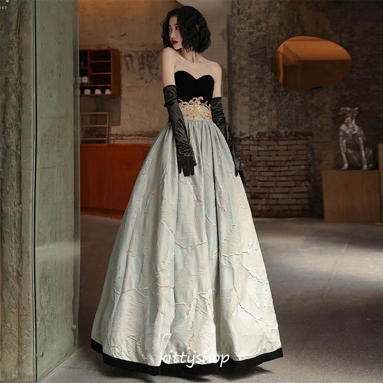 イブニングドレス ロングドレス 黒 ベロア ベルベット ビスチェドレス