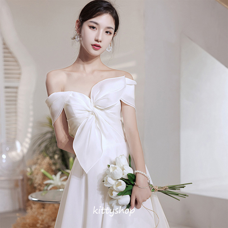 美品 白 ホワイト ロング ドレス ビジュー リボン Ｍ-