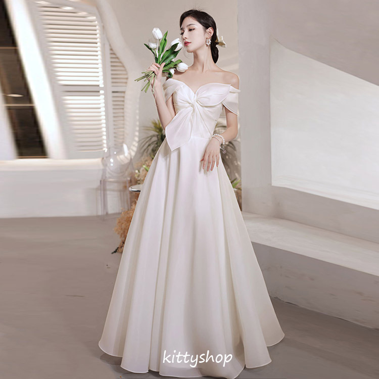 紫③ 美品 白 ホワイト ロング ドレス ビジュー リボン Ｍ | www.kdcow.com