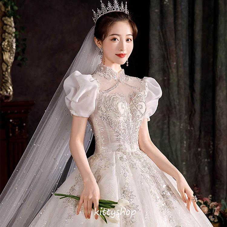 ウェディングドレス 高級感 多重チュール トレーン お姫様 花嫁ドレス