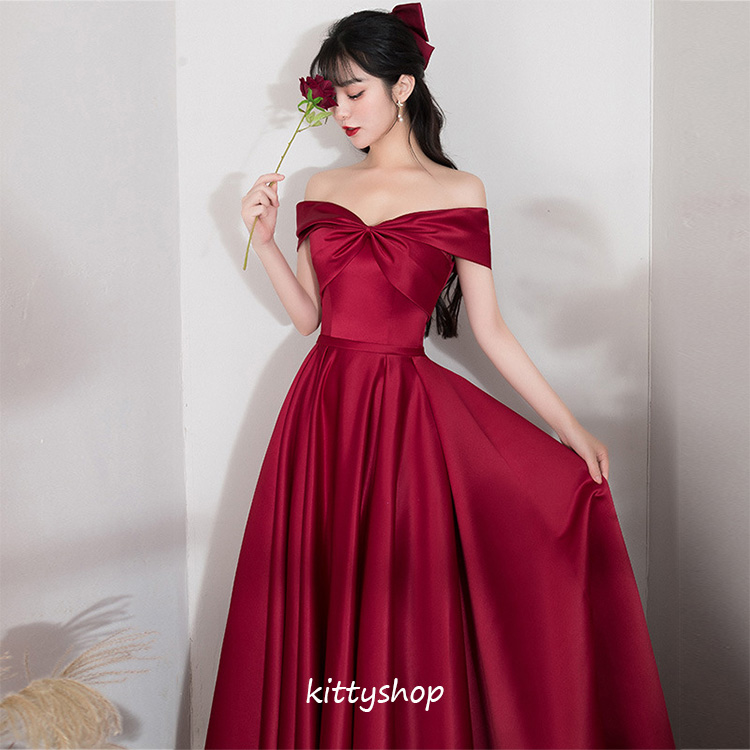 イブニングドレス ワイン赤 オフショルダー サテンドレス 結婚式ドレス-