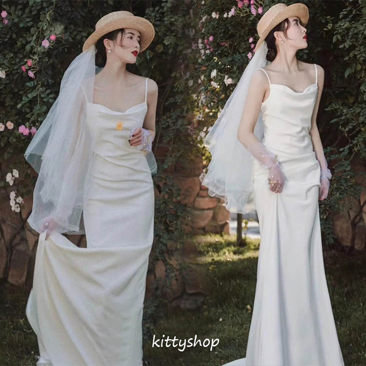 ウェディングドレス スレンダーライン ホワイト 撮影 結婚式ドレス 肩
