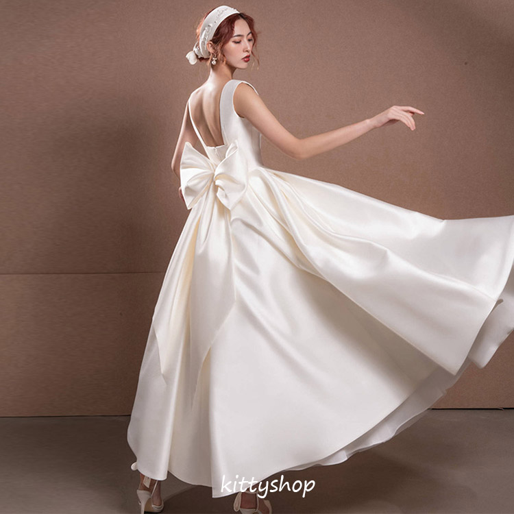 ウェディングドレス 白 サテン ドレス キャミドレス ロングドレス A