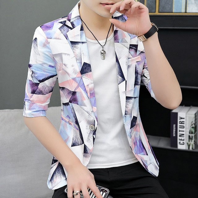 サマージャケット メンズ テーラードジャケット 7分袖 プリント 21年激安 かっこいい ジャケット 就職活動 薄手 面接 夏 通勤 スーツジャケット