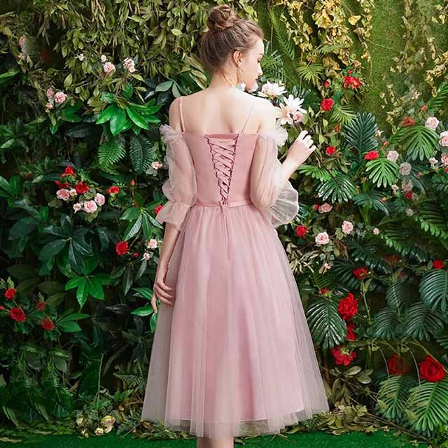 2019 新作 ブライズメイド ドレス ミモレ丈 Aライン 背開き 編み上げ 姫系 イブニングドレス 花嫁 二次会 演奏会 誕生日 結婚式ドレス 人気  20代30代 :AA19070939:kittyshop 通販 