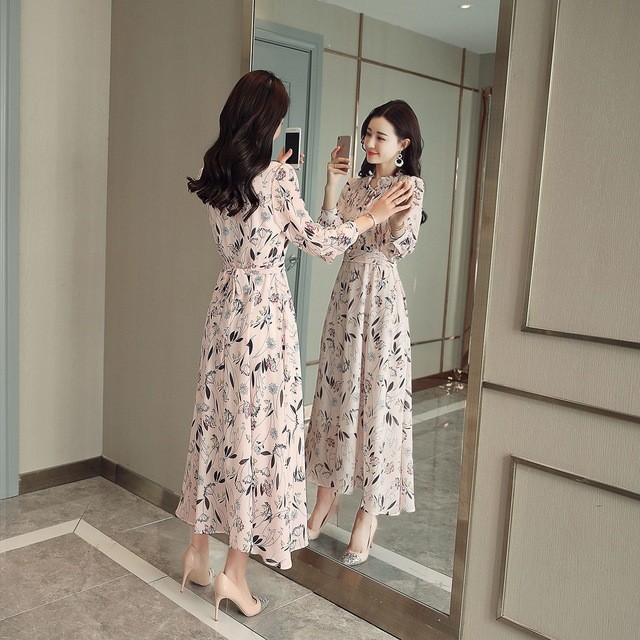 マキシ丈ワンピース シフォンワンピース 花柄 ワンピース 長袖 Aラインワンピース ピンク 代 30代 リゾートワンピース 旅行 お洒落 Lh Kittyshop 通販 Yahoo ショッピング