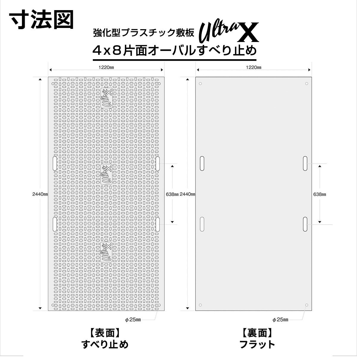 強化型プラスチック敷板UltraX4x8片面オーバル寸法図