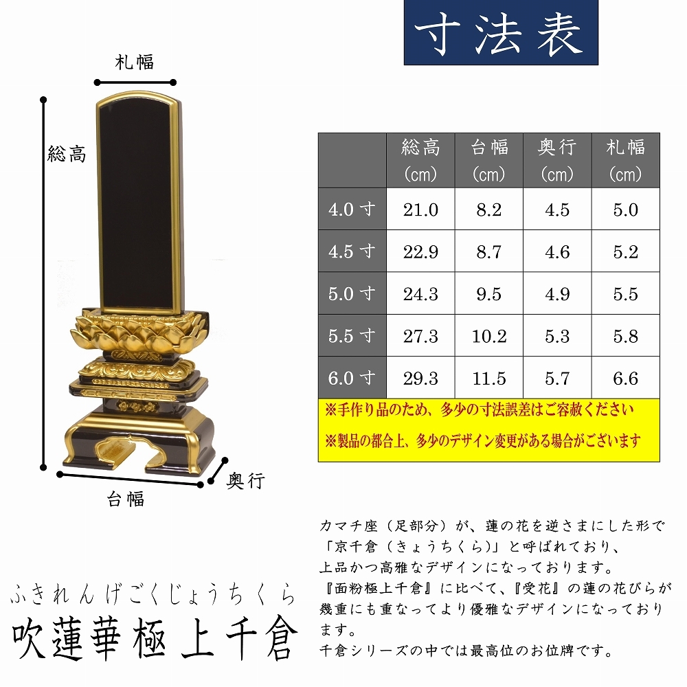 位牌 4.0寸 吹蓮華極上千倉 高級位牌 仏壇 仏具 仏像 塗位牌 唐木位牌