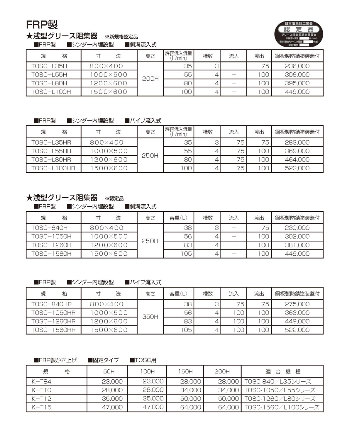 TOSC-840R】 《KJK》 プレパイ工業 FRP製 浅型グリーストラップ FRP