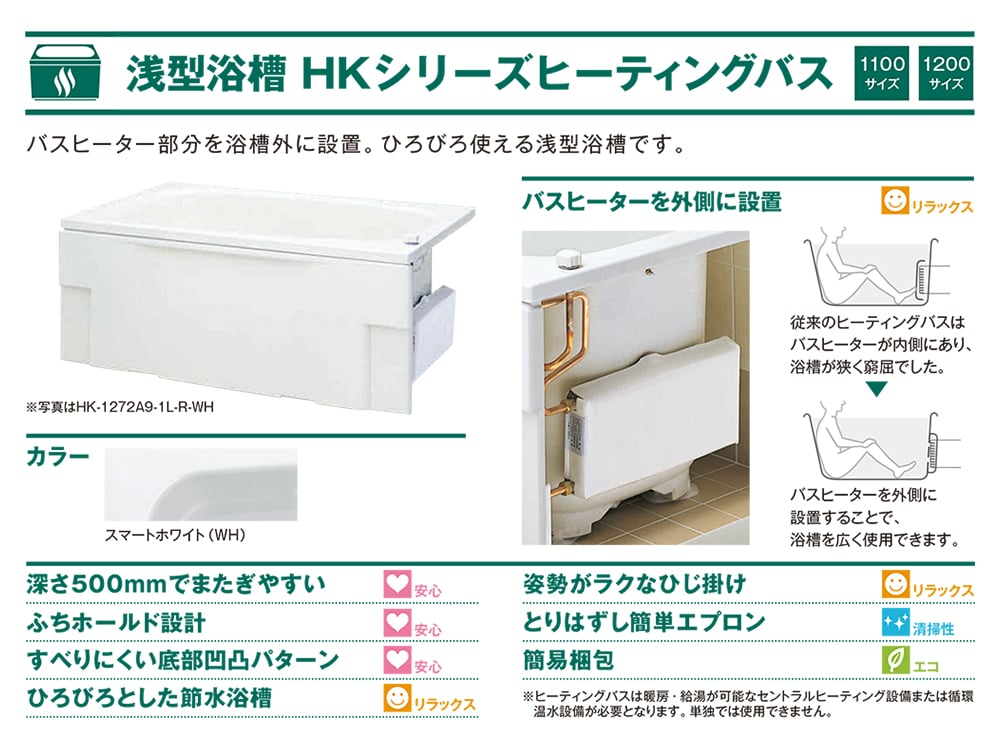 HK-1172A9-1L-L/R】 《KJK》 ハウステック 浅型浴槽 HKシリーズ ヒー