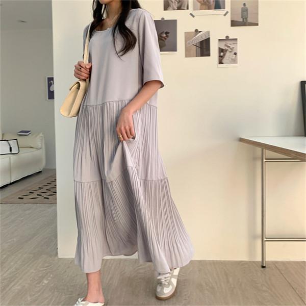 ワンピース レディース 春夏 半袖ワンピース 40代 キレイめ マキシワンピース 無地 プリーズスカート aライン ゆったり オシャレ  着痩せ | ブランド登録なし | 03