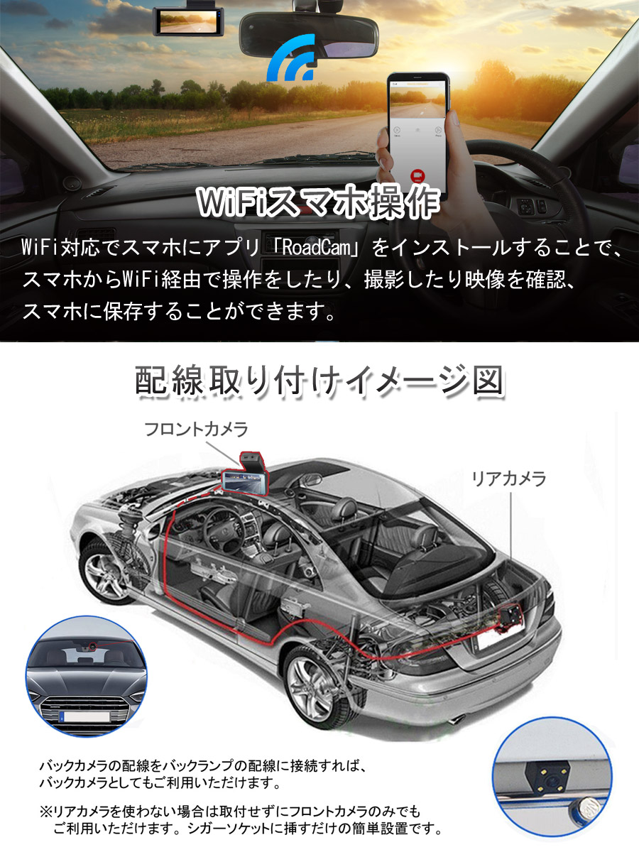 SUZUKI用の非純正品 スペーシア ドライブレコーダー 前後カメラ SDカード128GB同梱 FHD 1080p ミラー隠しタイプ Gセンサー  6ヶ月保証