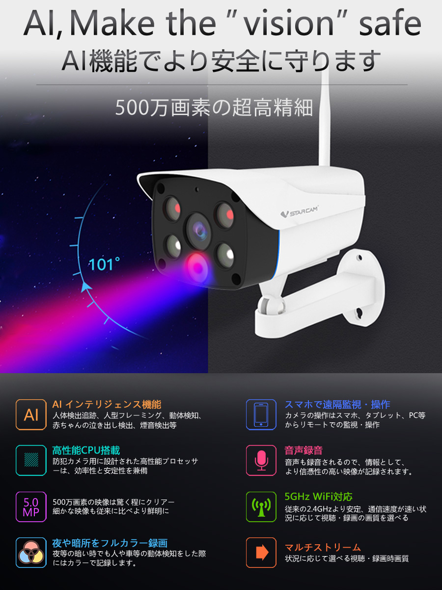 海外海外防犯カメラ ワイヤレス CS52Q SDカード128GB同梱モデル VStarcam 500万画素 防犯灯タイプ 夜でもカラー録画  ONVIF対応 Wifi 無線 在庫処分1ヶ月保証 防犯カメラ