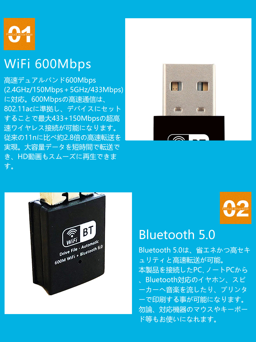 usb wifi Bluetooth アダプター 子機 親機 無線lan Wi-Fiレシーバー デュアルバンド 2023年モデル 2.4GHz 150Mbps 5GHz 433Mbps Windows対応 1ヶ月保証