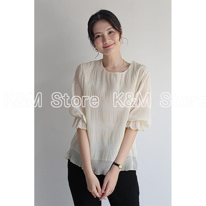 Ｔシャツ　Uネック　ブラウス 春 シフォン シャーリング ギャザー レディース シアー レース トップス シアートップス レ 薄手　母の日ギフト |  | 02