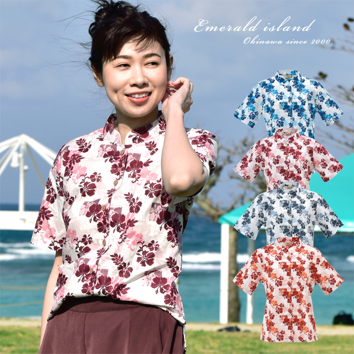 売れ筋商品|||かりゆしウェア レディース 沖縄産アロハシャツ ツルラン小花柄 丸首半袖シャツ リップル加工 結婚式 ギフト プレゼント 贈り物 母の日 女性用 かりゆしウェア レディース 沖縄産アロハシャツ ツルラン小花柄