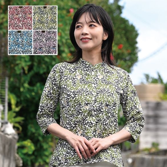 かりゆしウェア かりゆしシャツ レディース 沖縄物語 紅型ジンベイ柄