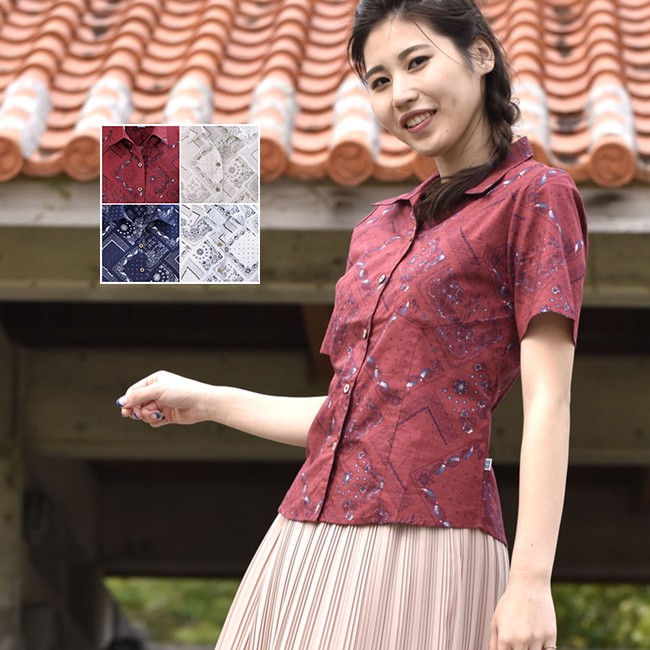 売れ筋商品|||かりゆしウェア ポロシャツ レディース はにんす 唐草柄 スキッパー リゾートウェディング 結婚式 かりゆしウェア ポロシャツ レディース はにんす 唐草柄