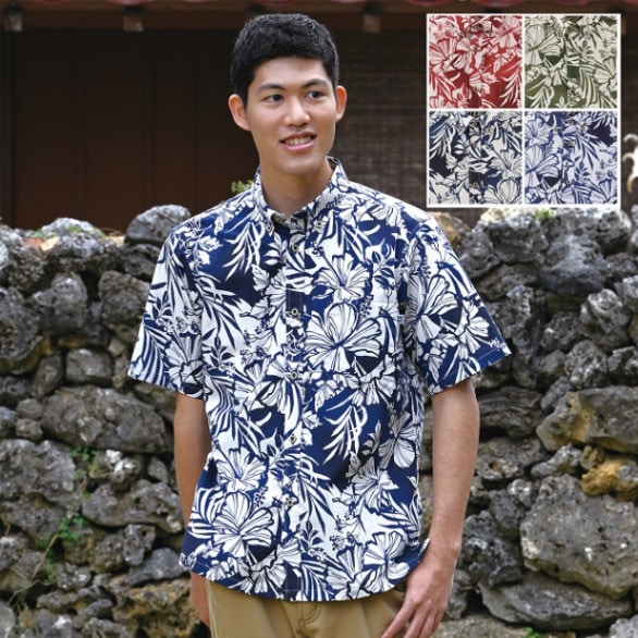 かりゆしウェア かりゆし シャツ メンズ ハイビシーサー柄 ボタン