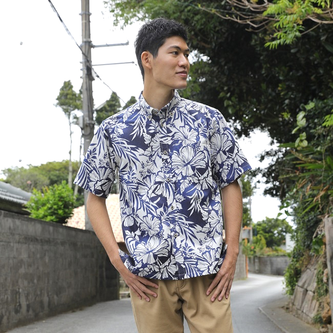 かりゆしウェア かりゆし シャツ メンズ ハイビシーサー柄 ボタン