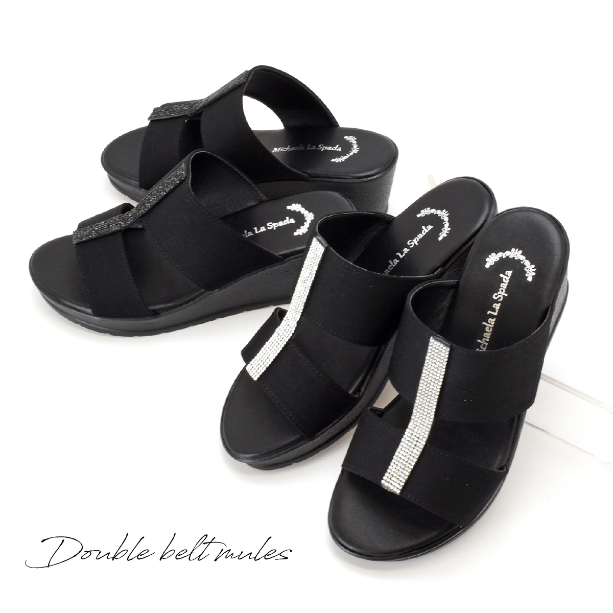 サンダル レディース 靴 ミュール ウエッジソール ミドルヒール ストラップ シンプル ビジュー キラキラ ダブルベルト 黒 ブラック サテン #2006 |  | 08