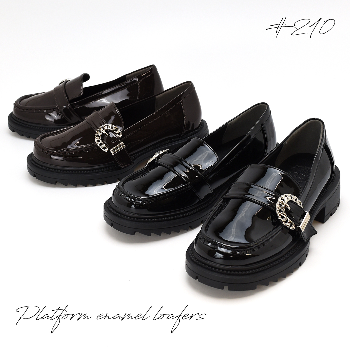 厚底 エナメル ローファー ローヒール 4.5cmヒール レディース チャンキーヒール タンクソール バックル ベルト マニッシュ カジュアル #210 |  | 11