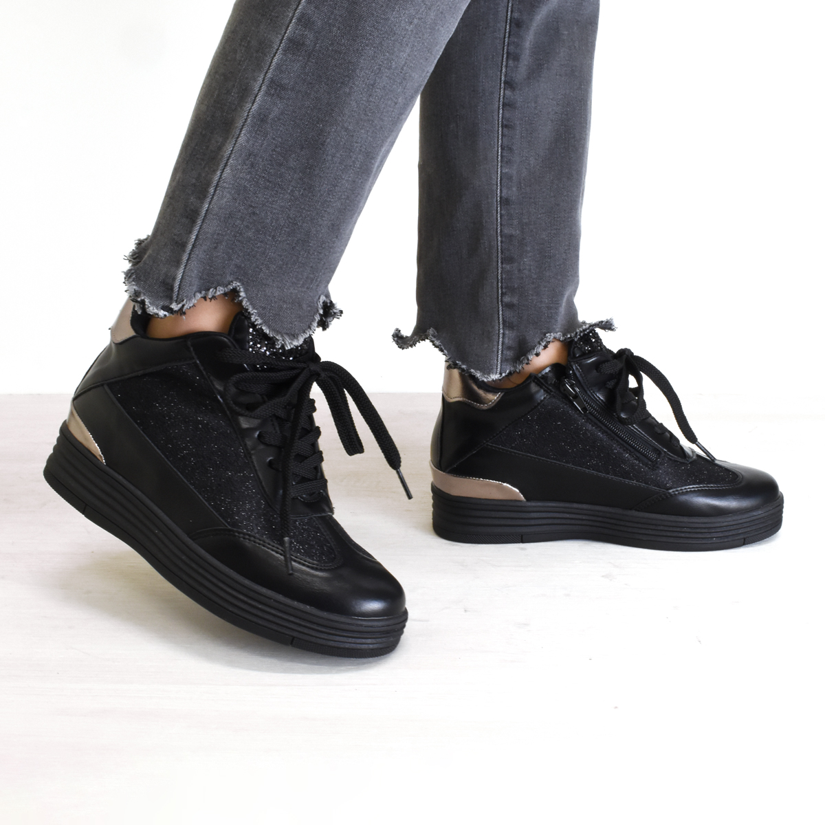 厚底 ハイカット スニーカー スリッポン ファスナー シューズ キラキラ レディース インヒール 履きやすい 歩きやすい 痛くない #304 |  | 20