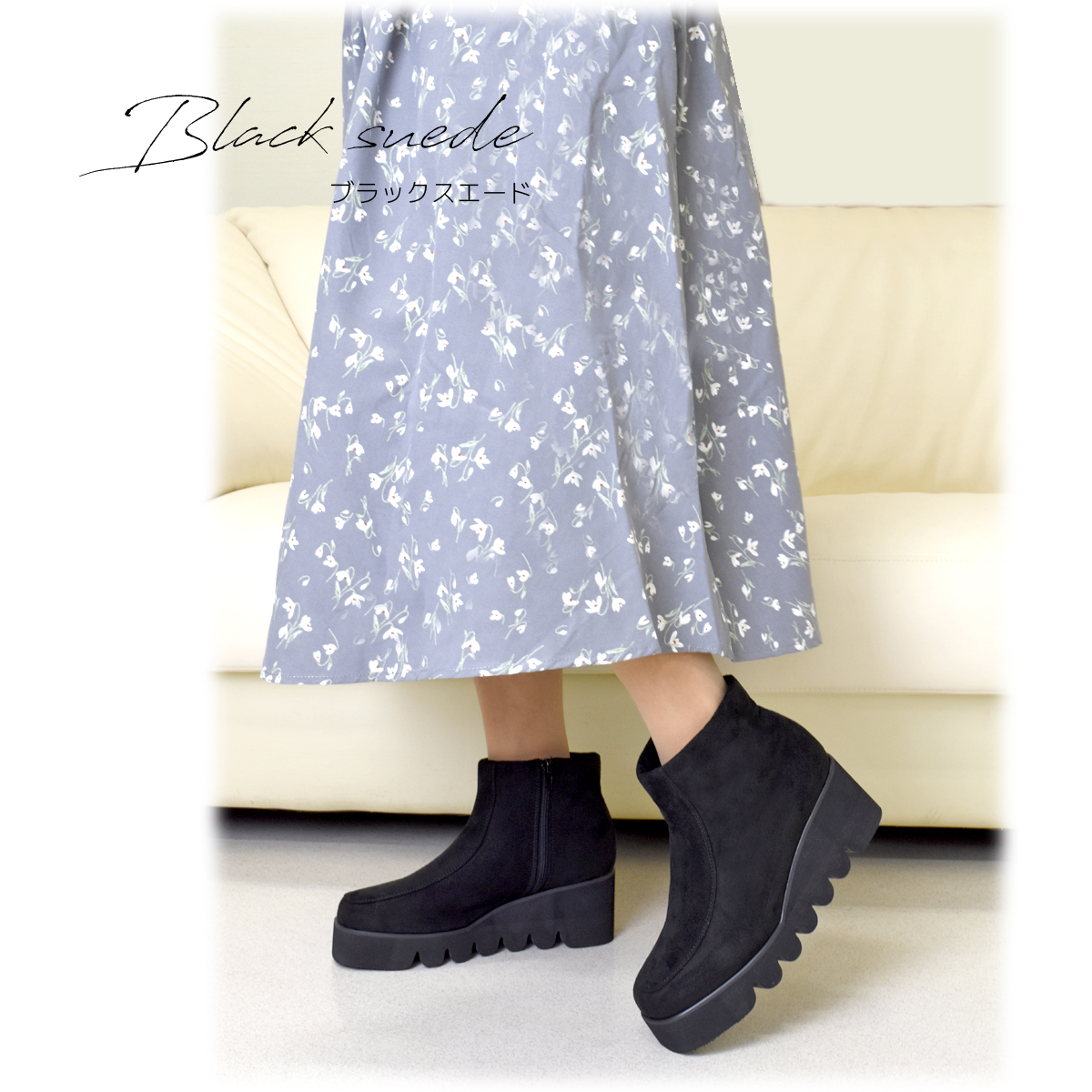 レディース ショートブーツ ストレッチ ブーツ 歩きやすい 厚底 ファスナー キャタピラソール 軽量  厚底 靴 黒 ブラック ＃6048 |  | 02